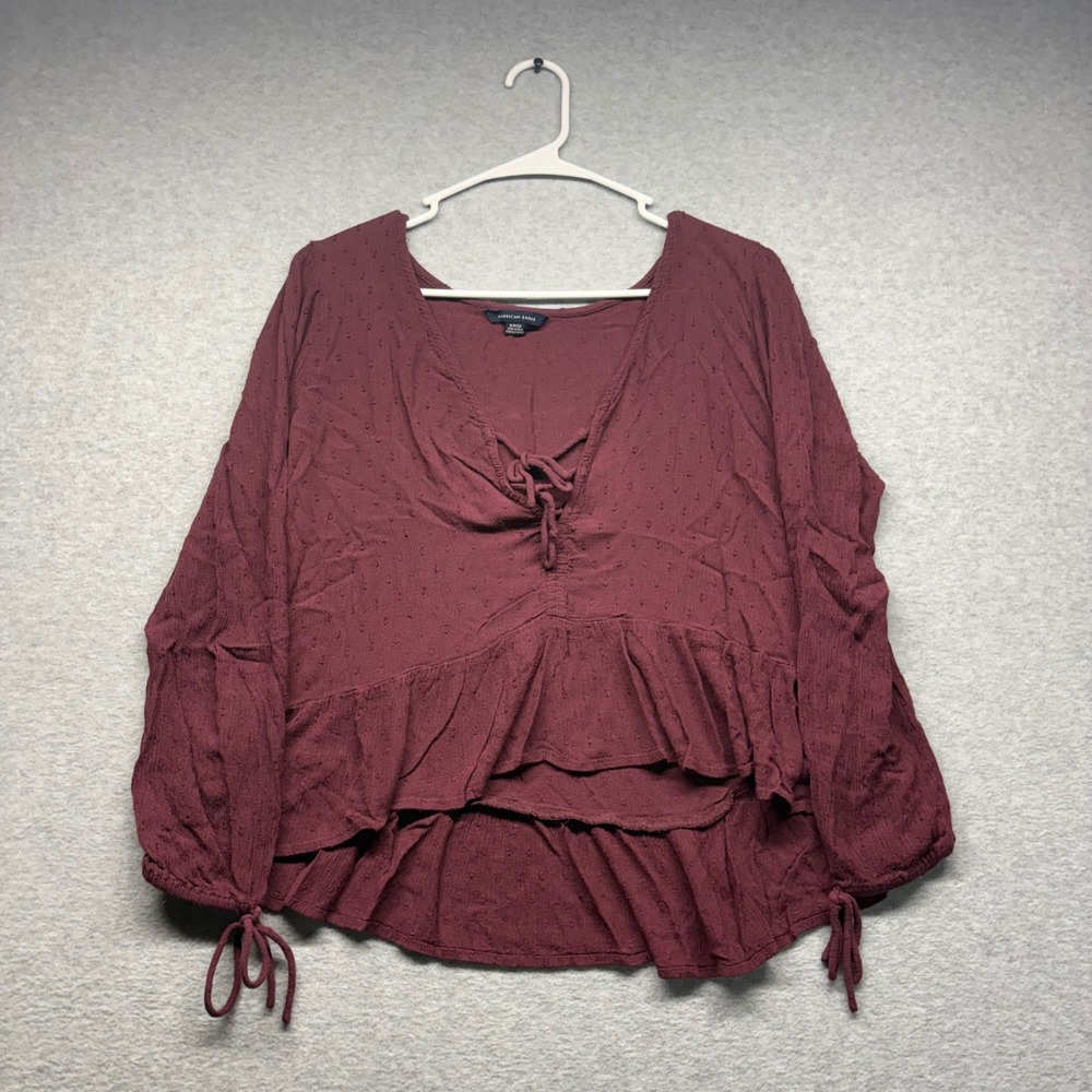 American Eagle Women Small Burgundy Swiss Dot Lace Up Peplum Long Sleeve Blouse